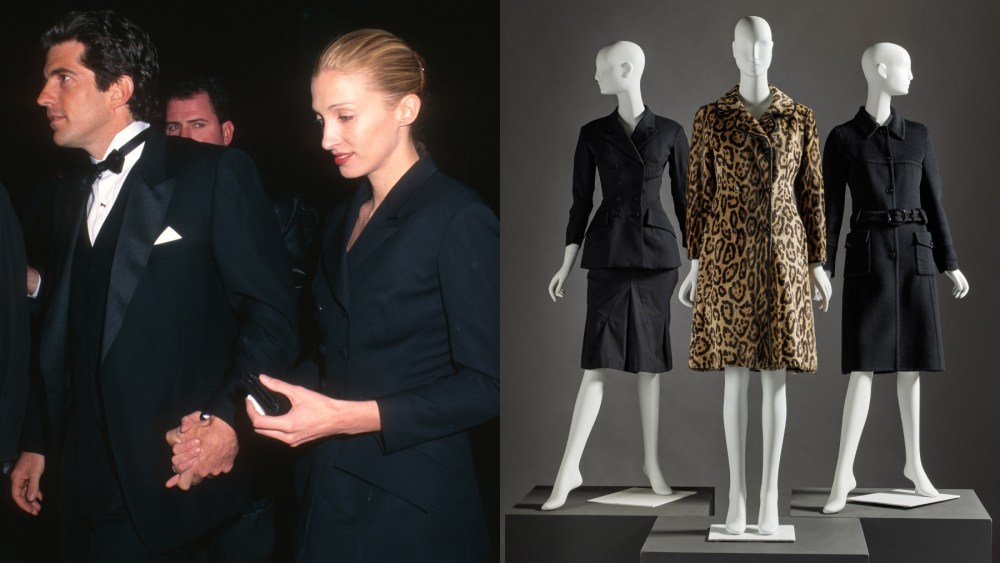 John F. Kennedy Jr. and Carolyn Bessette-Kennedy in 1997; Items belonging to Bessette-Kennedy that will be auctioned off by Sotheby's, old money style, quiet luxury, coat, Prada, Yohji Yamamoto