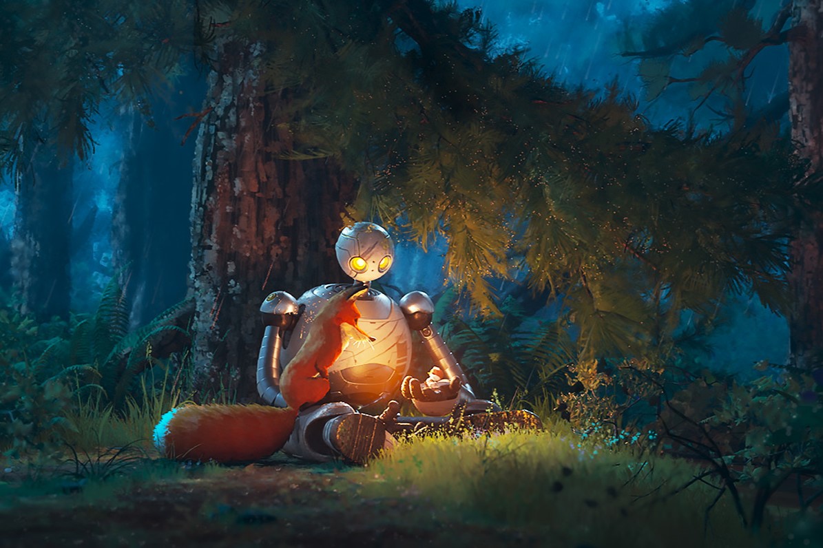 A robot sits in a dimly-lit forest, holding a small bird while a fox sits on the robot’s leg.